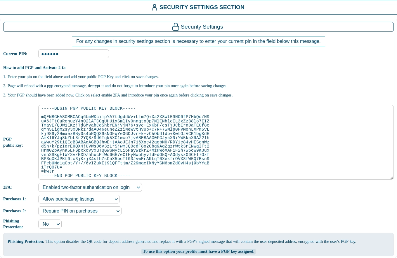 Screenshot of the 'Security Settings' Section